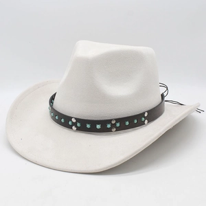 Detail of suede cowboy hat featuring black leather band with turquoise and silver studs
