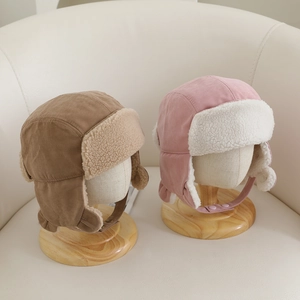 Cute Bear Ear Kids Winter Suede Trapper Hat Fleece Lined Warm Aviator Hat With Ear Flaps Windproof For Boys Girls