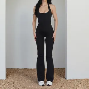 Women Sexy Halter Jumpsuit Backless Slim Fit Flare Leg Sleeveless Solid Color High Waist Streetwear Polyester