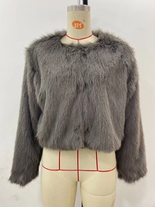 Close-up of the thick grey faux fur texture on a cropped collarless jacket