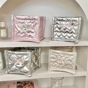 Set of quilted PU square storage baskets with heart texture and decorative lace bows