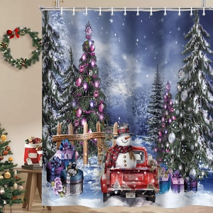 Detail of Christmas shower curtain featuring a red truck, snowman, and forest