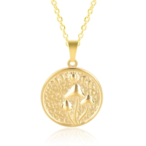 Detail of gold mushroom moon phase pendant necklace with hammered texture finish