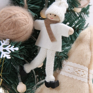 Mini Christmas tree decor with white and coffee felt gnomes and knitted ornaments