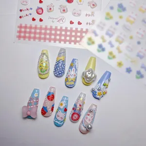 3D embossed rabbit and strawberry nail art stickers set with blue plaid bow press-on nails