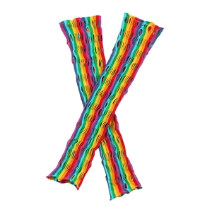 Close-up detail of the rainbow mesh knit texture on long fingerless fishnet gloves