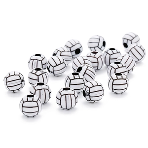 White acrylic volleyball beads for DIY jewelry making with realistic black pattern details