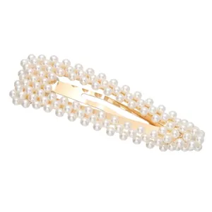 Elegant gold alloy hair clip with white pearls in a classic rectangular shape