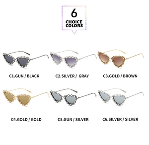 Detail view of six color variations for cat-eye sunglasses with luxury rhinestone accents