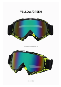 Front and side view of adult ski goggles with yellow-green splatter frame and rainbow lens
