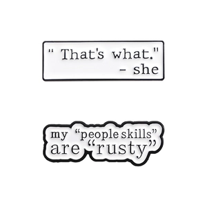 Funny geometric quote pins featuring humorous English sayings on white enamel base