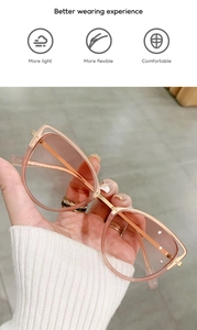 Detail of pink cat eye sunglasses showing lightweight frame and comfortable fit