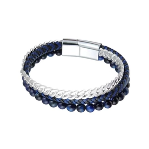 Men's triple-layer bracelet with lapis lazuli beads, woven leather and magnetic clasp