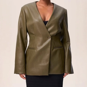 Women's olive green V-neck faux leather blazer with a slim-fit waist and button closure