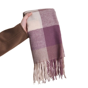 Écharpe à carreaux violets en cachemire imitation avec franges élégantes pour femme