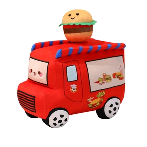 Camion-jouet en peluche rouge avec hamburger et expressions faciales mignonnes