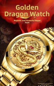 Macro detail of golden dragon relief dial with sparkling zircon crystal markers