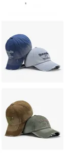 Detail of washed denim baseball caps with distressed embroidery in multiple colors