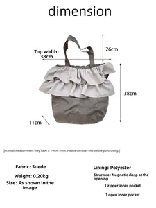 Detailed size chart for the grey ruffled tote bag showing exact product dimensions