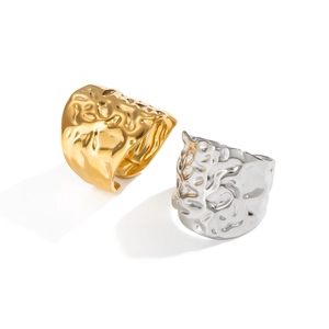 Minimalist geometric crumpled texture rings in gold and silver stainless steel finish