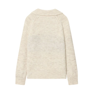 Close-up of raglan sleeve and ribbed texture on beige knitted sweater