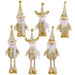 Golden Christmas plush dolls set including Santa, snowman and reindeer for holiday decoration