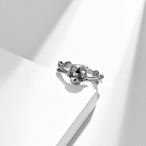 Silver skull and crossbones motorcycle biker ring in punk rock stainless steel style