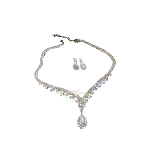 Silver drop necklace and earring set with shimmering teardrop cubic zirconia crystals