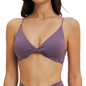 Soutien-gorge sport yoga violet à col en V avec bretelles fines et nœud torsadé
