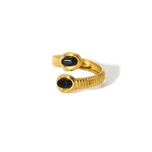 18k gold plated stainless steel open ring with black stones and ribbed texture