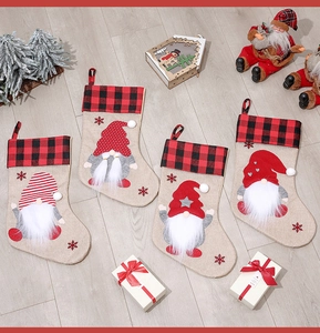 Set of 4 Christmas stockings with gnome designs, burlap fabric and red black plaid cuffs