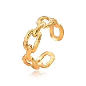Minimalist gold stainless steel chain ring with adjustable open band on white background