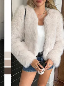 Chaqueta De Piel Sintética Para Mujer Manga Larga Corta Peluda Abrigo Elegante Ropa De Invierno Frente Abierto Sólido