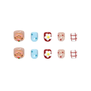 Cartoon bear and floral press-on nails with colorful dots and plaid patterns for kids