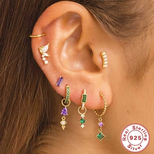 S925 sterling silver butterfly fringe earrings with green and purple gemstones
