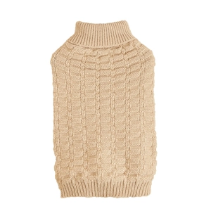 Classic beige knit pet sweater featuring a ribbed turtleneck and high-stretch texture