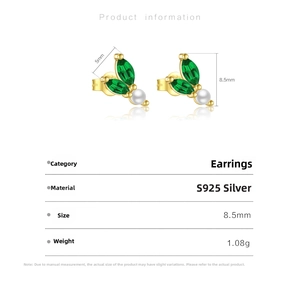 Detail view of S925 silver leaf stud with green zircon and pearl showing 8.5mm dimensions