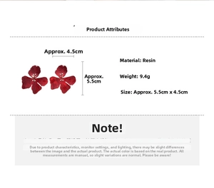 Close-up of red resin flower earrings showing dimensions and 9.4g weight detail