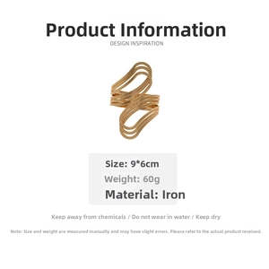 Detail showing 9x6cm golden multilayer geometric cuff specifications and matte iron texture