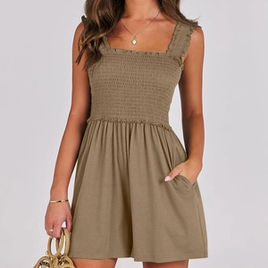 Women's strapless summer romper in khaki with pleated texture and side pockets