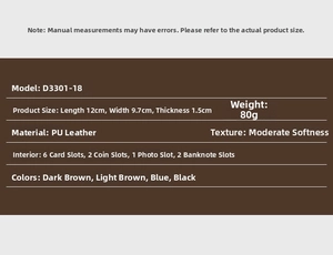 Internal structure and dimensions of the short PU leather business wallet for men
