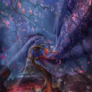 Primo piano dettagliato che mostra il drappeggio morbido e la stampa foresta fantasy