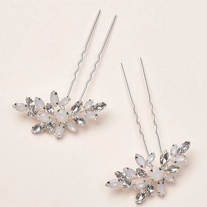Elegant U-shaped silver bridal hair pins with white opal stones and clear rhinestones