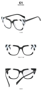 Detailed views of black cat-eye glasses frame with blue and white striped accents