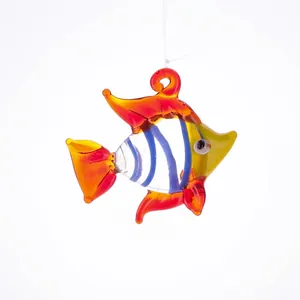 Detail of colorful striped glass fish pendant with hanging loop for aquarium decor