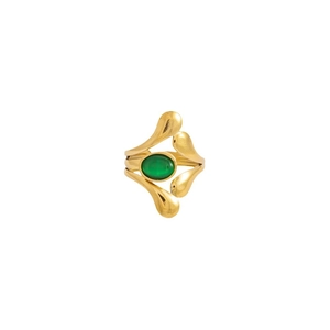 Hammered 18K gold plated stainless steel ring with a large oval green natural stone