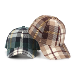 Classic plaid baseball caps in dark green and khaki brown with a 6-panel structure
