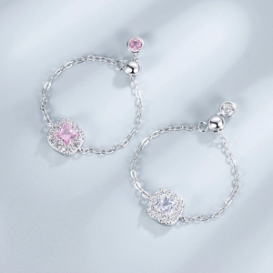 Adjustable S925 silver chain ring with pink and white square cubic zirconia stones