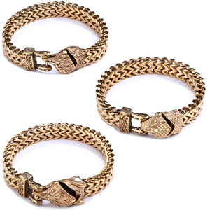 Golden stainless steel Viking wolf and dragon head woven chain bracelet for men