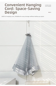 Foldable grey mesh food cover with a convenient hanging loop for space-saving storage